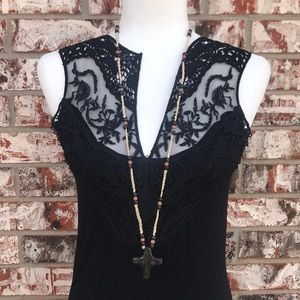 Rustic boho macrame unique cross pendant long necklace